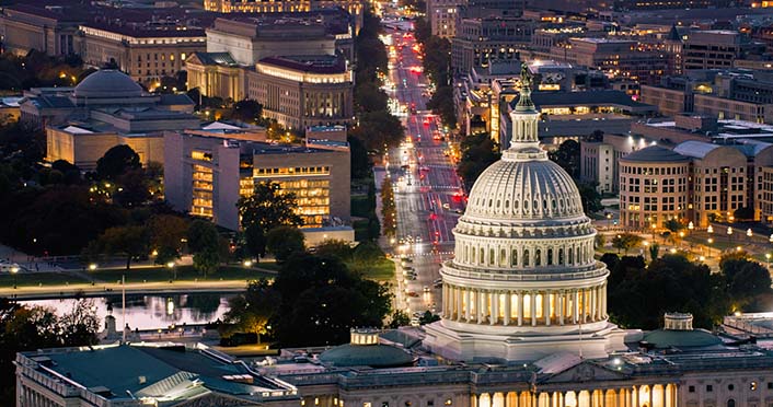 View at twilight of the Capitol Building and down Pennsylvania Avenue in Washington, DC.