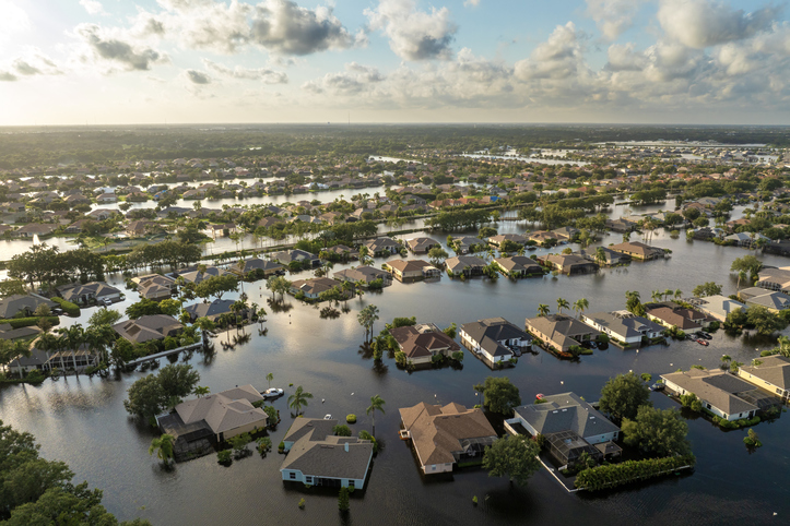 Aerial view of a flooded neighborhood.