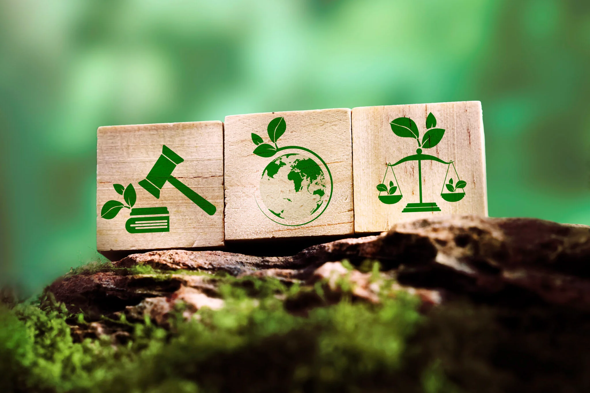 Three wooden blocks with green images of a gavel, the earth, and scale rest on a rock, set against a green background.